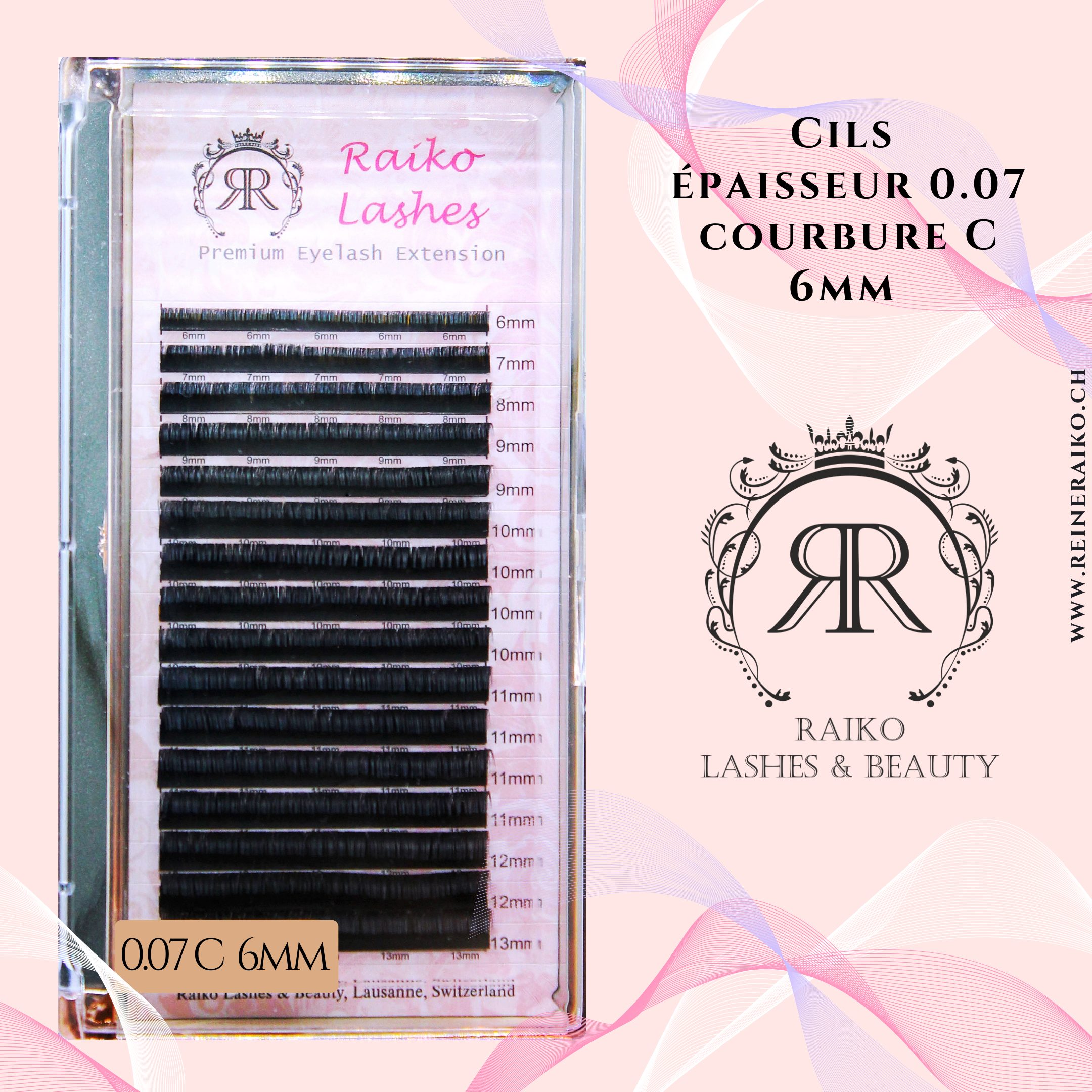 Cils Raiko Lashes Courbure C Epaisseur 0.07 Longueur 6, 7, 8, 9, 10, 11, 12, 13, 14, 15 mm