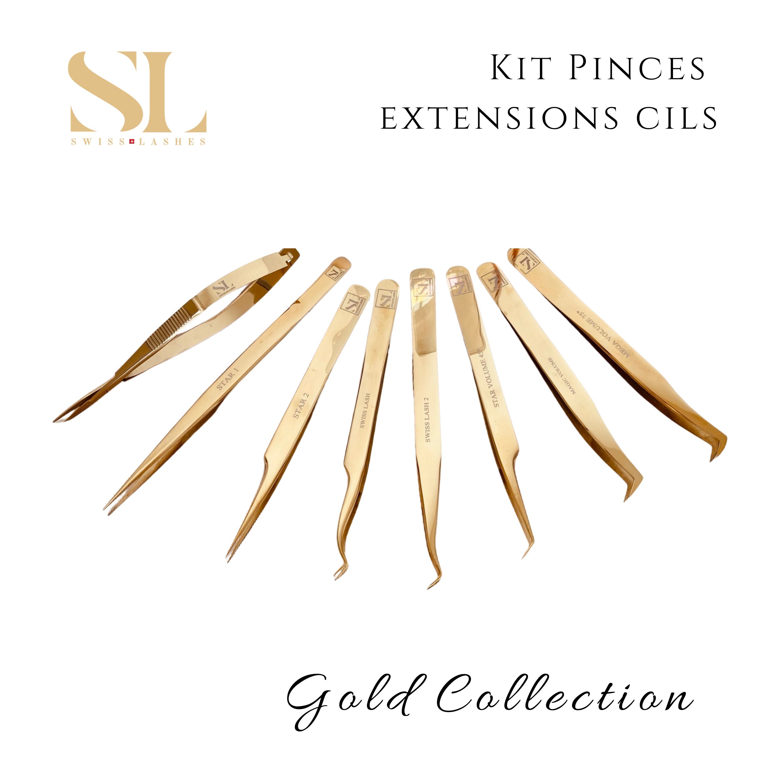 Pinces extensions de cils "Swiss Lashes" Gold Collection